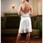 Silky 20s style short wedding dress with crochet accessories by Iwona Luka