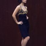 Silky black short evening dress with crochet top by Iwona Luka